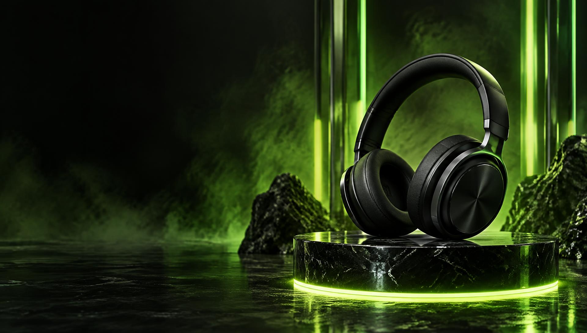 Wireless headphones on a lit pedestal