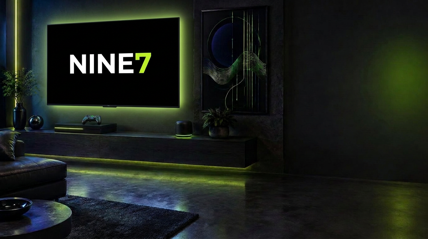 Dark living room with a wall TV showing the NINE7 brand name, framed tech art, game console and controller