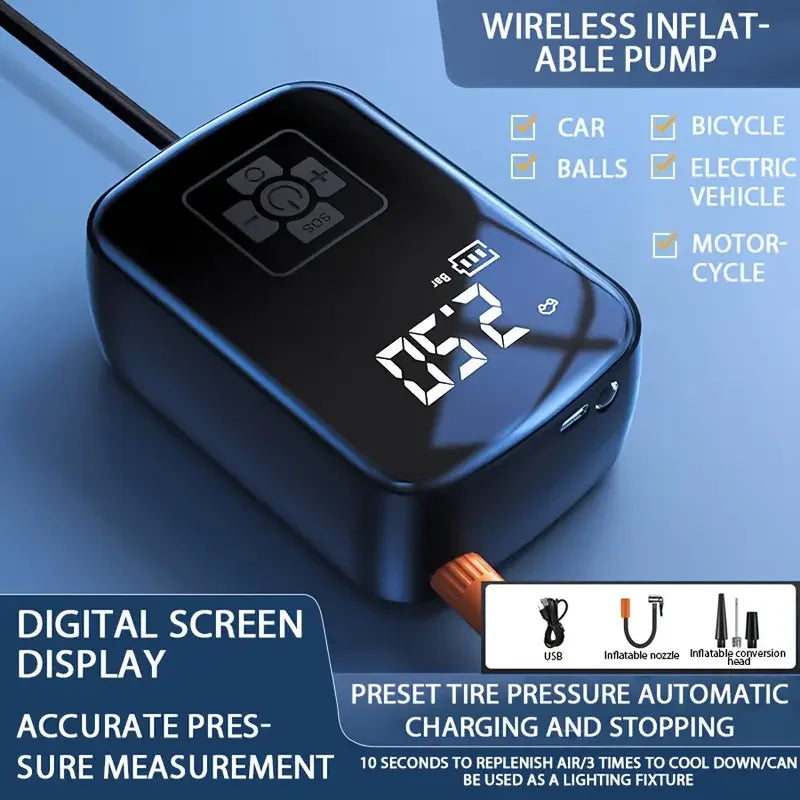 Wireless Electric Tire Inflator: Rechargeable battery, 150 PSI, digital display.