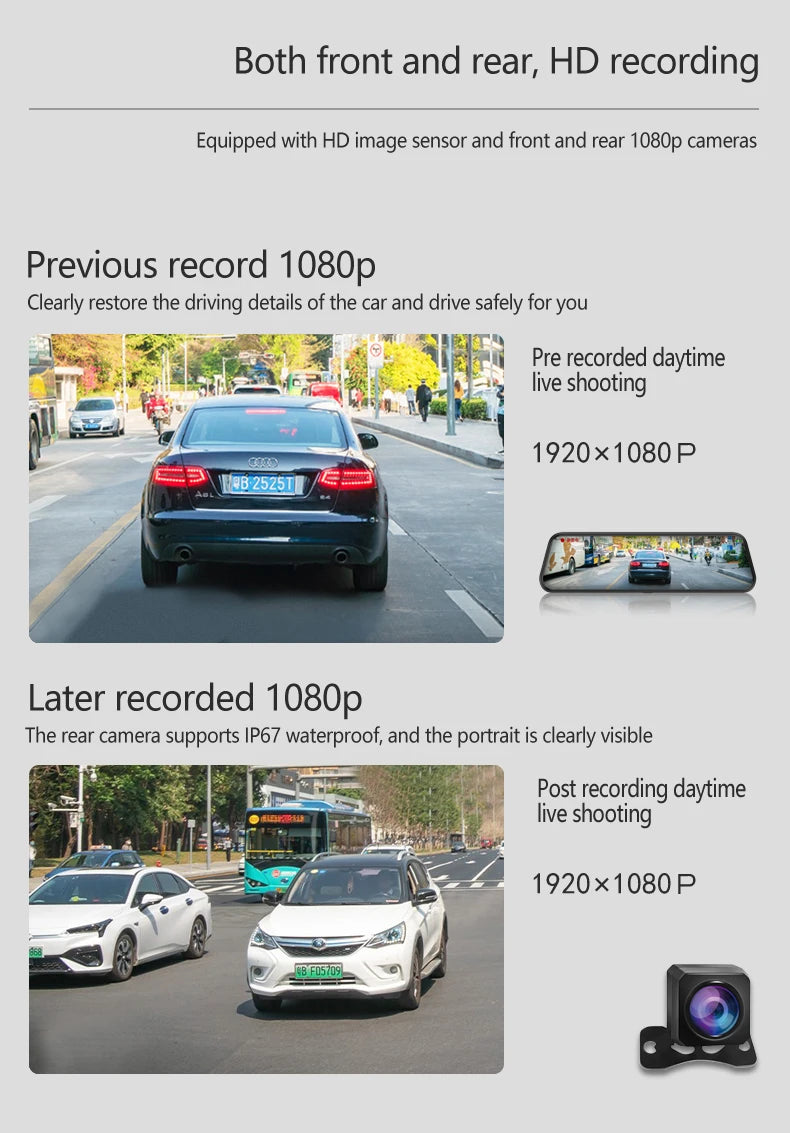 Touch screen rearview mirror with security camera.