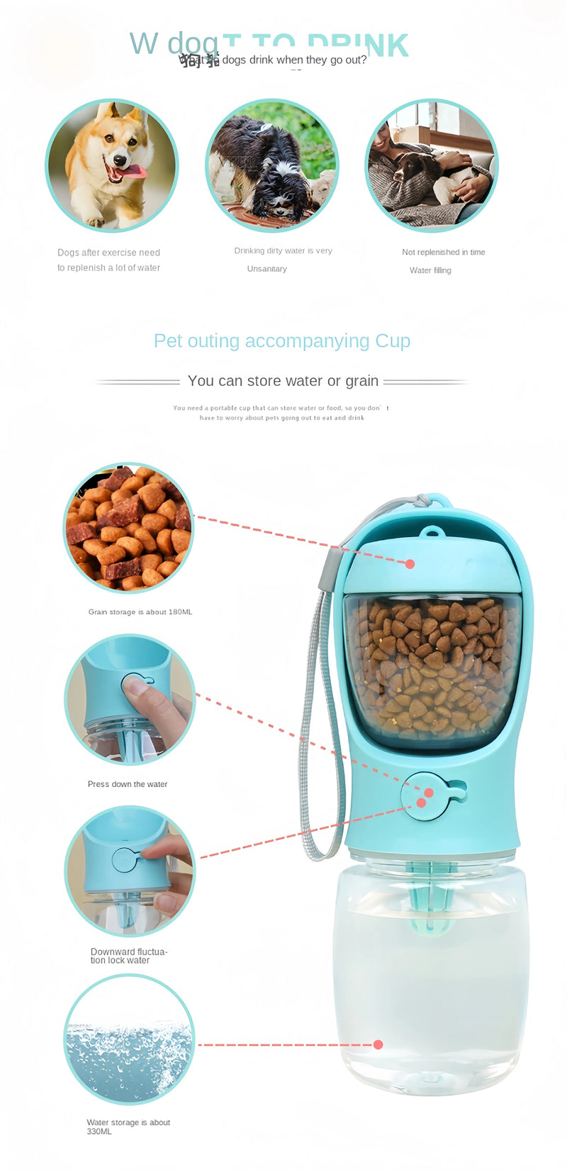 2-in-1 Pet Bottle Portable-Keep Your Pet Hydrated and Fed Anywhere.