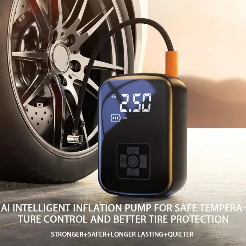 Wireless Electric Tire Inflator: Rechargeable battery, 150 PSI, digital display.