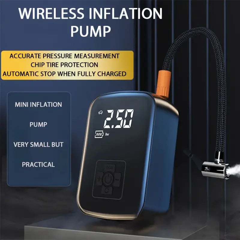 Wireless Electric Tire Inflator: Rechargeable battery, 150 PSI, digital display.